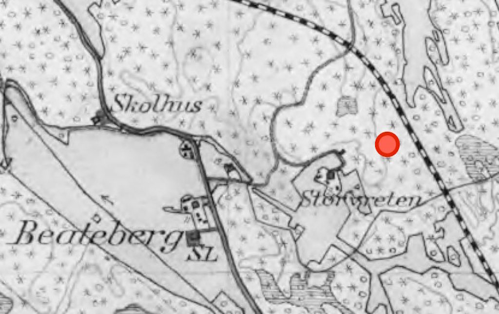 Gammal karta över Skogås med platsen för anläggningen nära järnvägen utmärkt